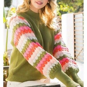 THML Olive Green Bishop Sleeve Sweater Pullover - Size XS - Pom Pom Sleeves